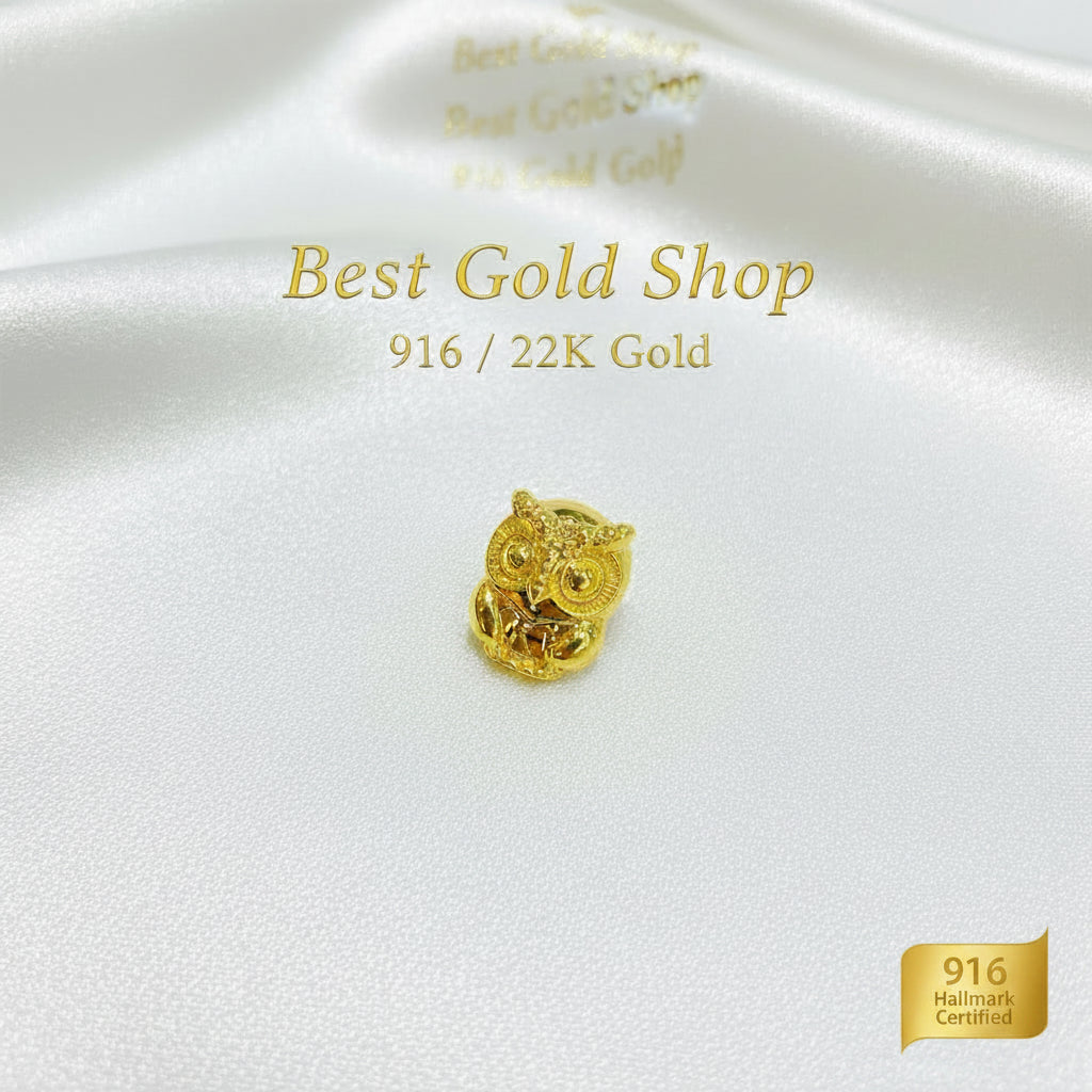 Guild Bullion 916 gold owl bead; collection design reference. Check selector for current options and availability.