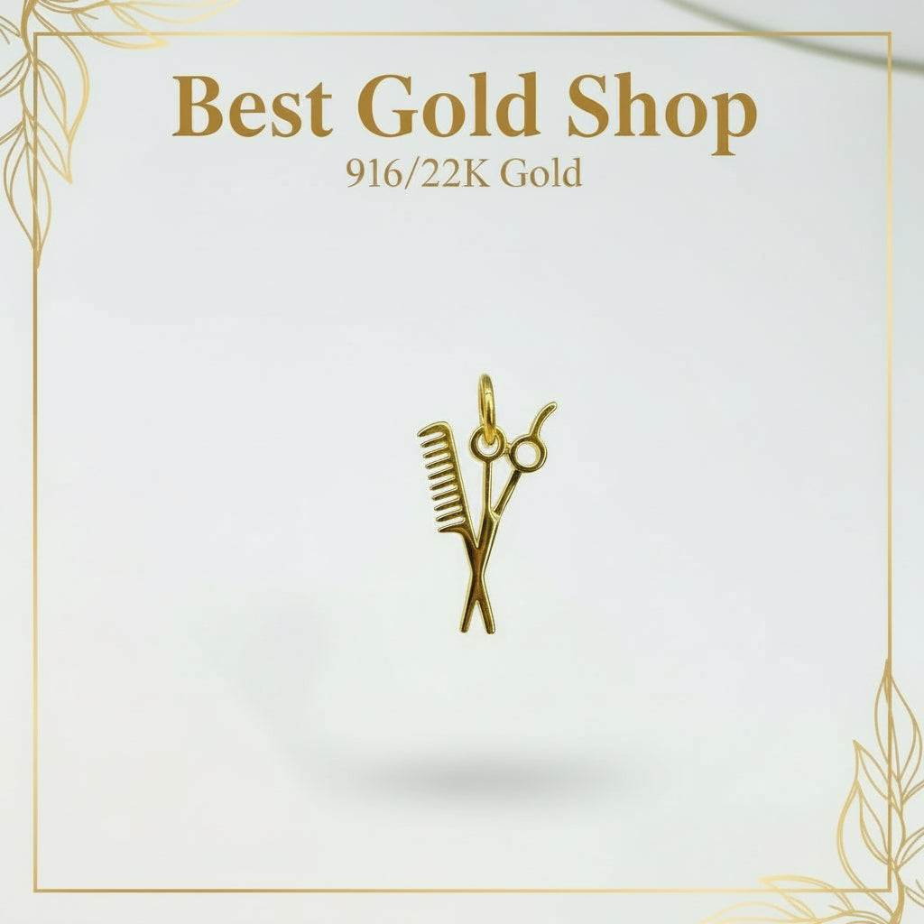 Guild Bullion 916 gold comb and scissors charm; collection design reference. Check selector for current options and availability.