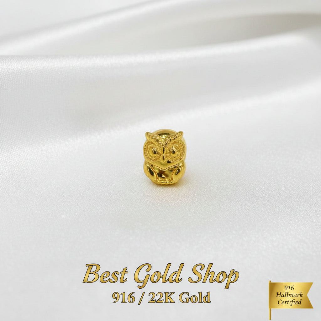 Guild Bullion 916 gold owl bead; collection design reference. Check selector for current options and availability.
