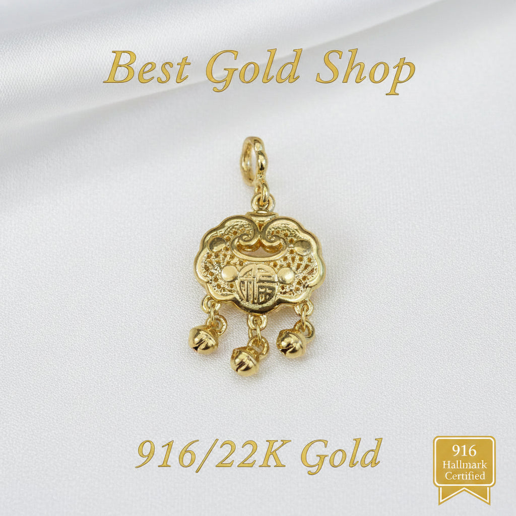 Guild Bullion 916 gold auspicious plaque with three dangles; collection design reference. Check selector for current options and availability.