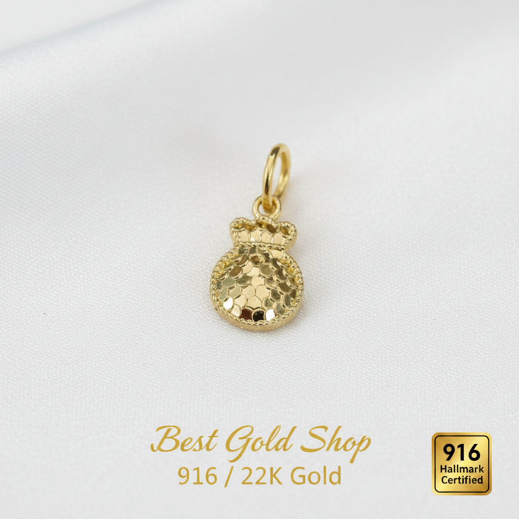 Guild Bullion 916 gold money bag charm; collection design reference. Check selector for current options and availability.