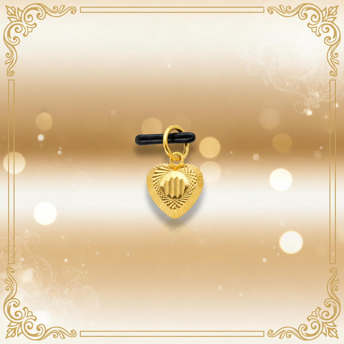 Reference view of a striped-centre gold heart pendant against a cream bokeh background
