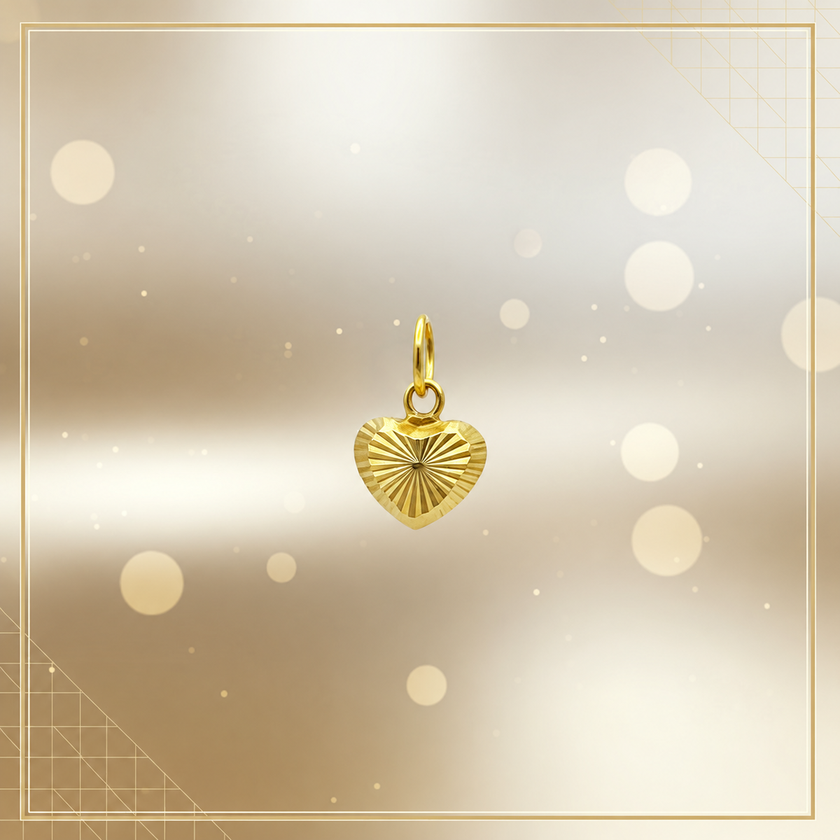 Reference view of a radiating-cut 916 gold heart pendant on a cream bokeh background