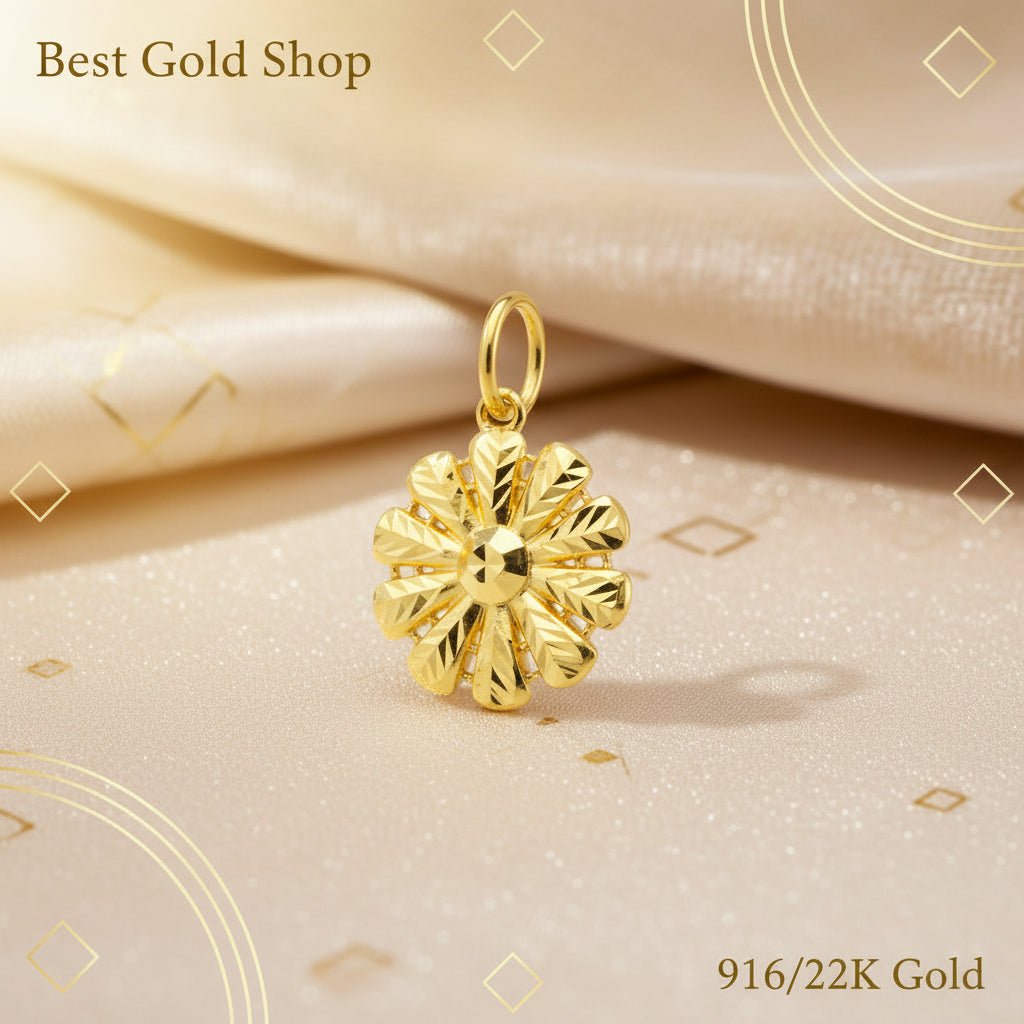 916 gold Flower pendant PD23867 with faceted petals and an oval bail on cream fabric