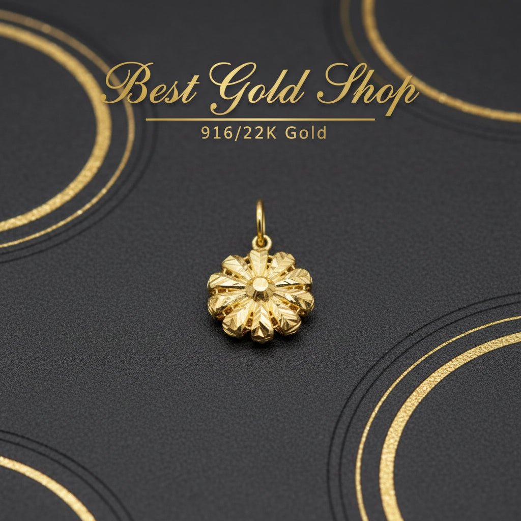 Front view of 916 gold Flower pendant PD23867 with faceted petals on a black textured background