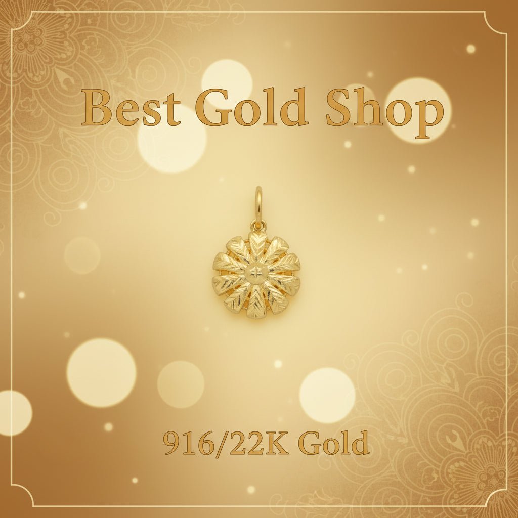 916 gold Flower pendant PD23867 with a round centre and faceted petals against a warm gold background