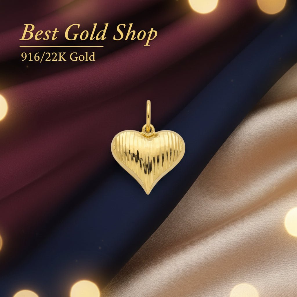 Front view of 916 gold Heart Cot pendant PD23868 with vertical grooves on burgundy, navy and cream fabric