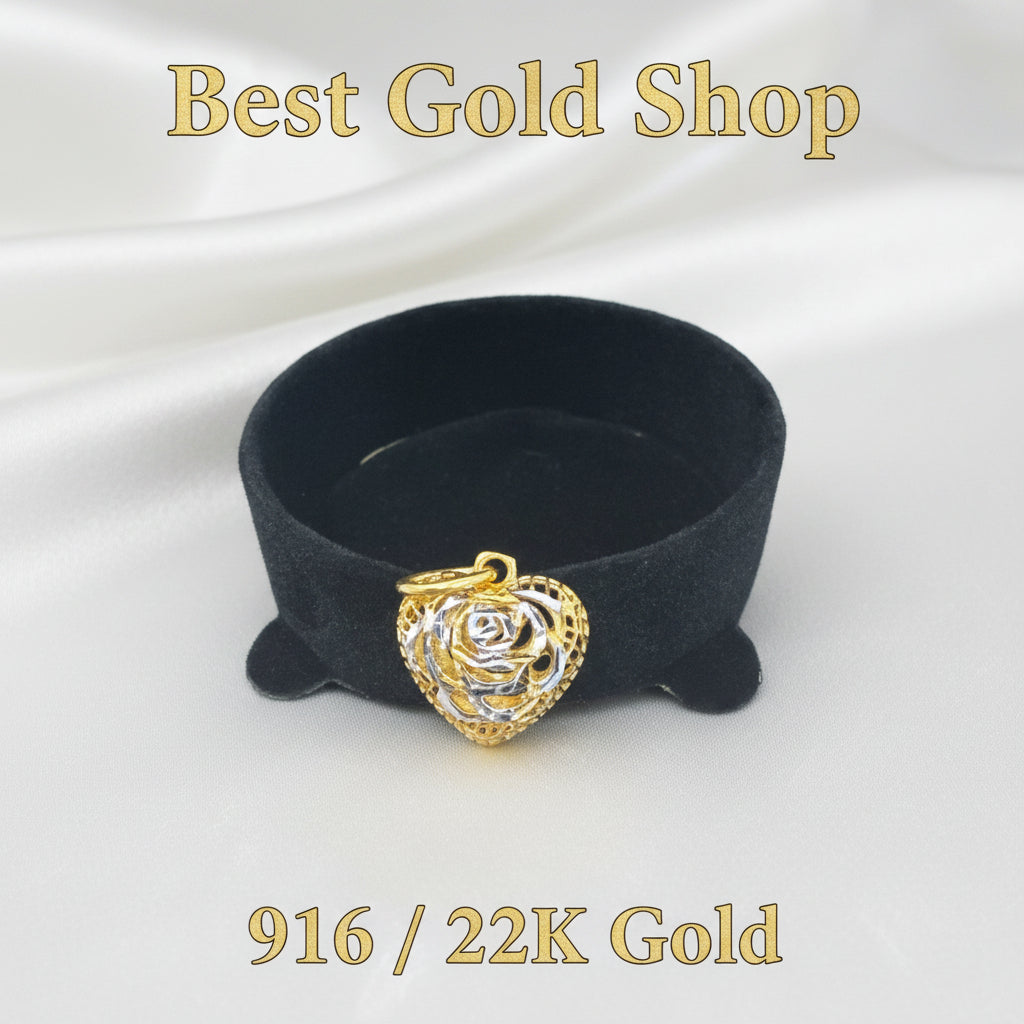 916 gold Heart Rose Two-Tone pendant PD23866 with silver-coloured rose curves and openwork on a black display