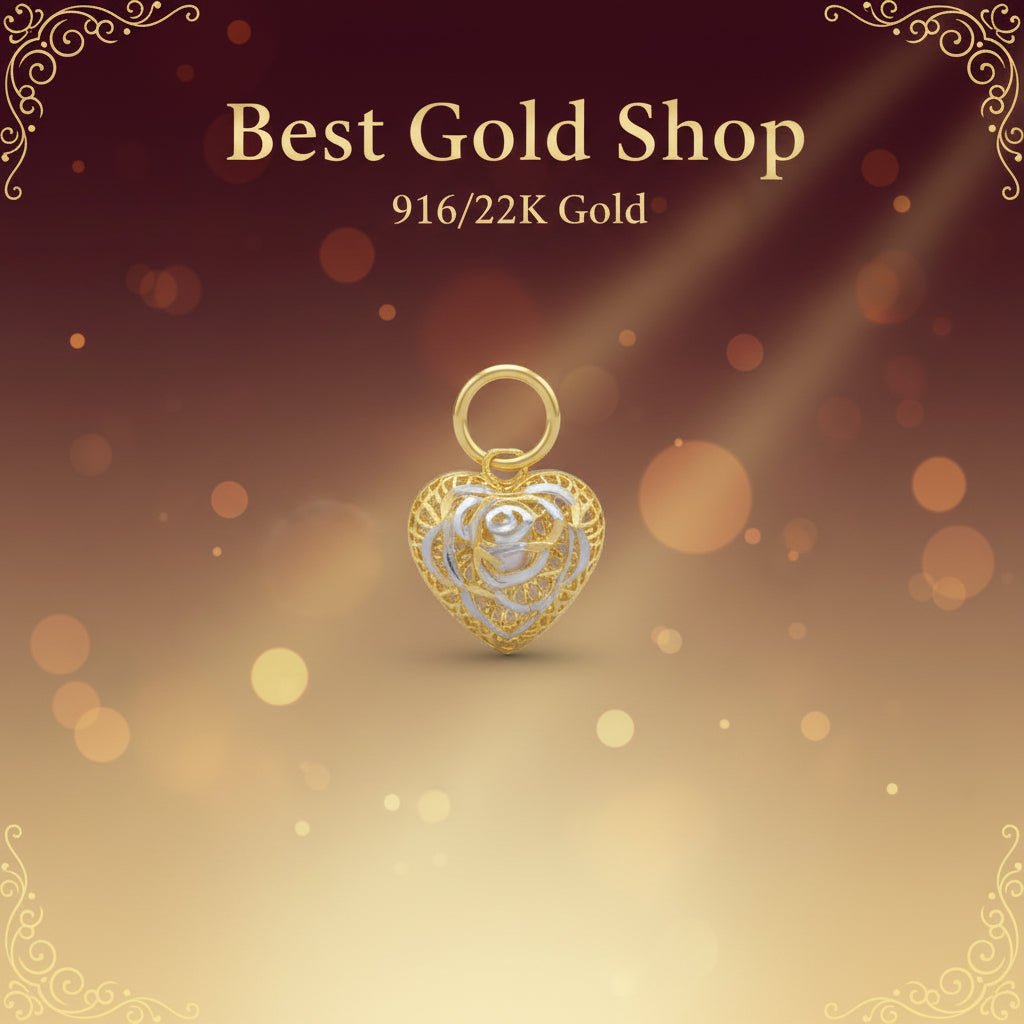 Front view of 916 gold Heart Rose Two-Tone pendant PD23866 with silver-coloured rose curves and a round bail