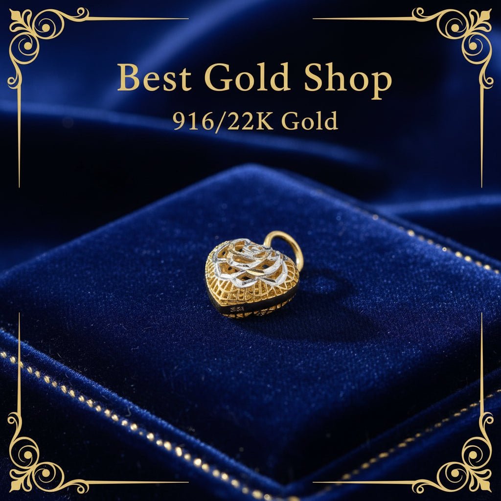 Angled side view of 916 gold Heart Rose Two-Tone pendant PD23866 showing lattice edges and a small physical hallmark on blue velvet