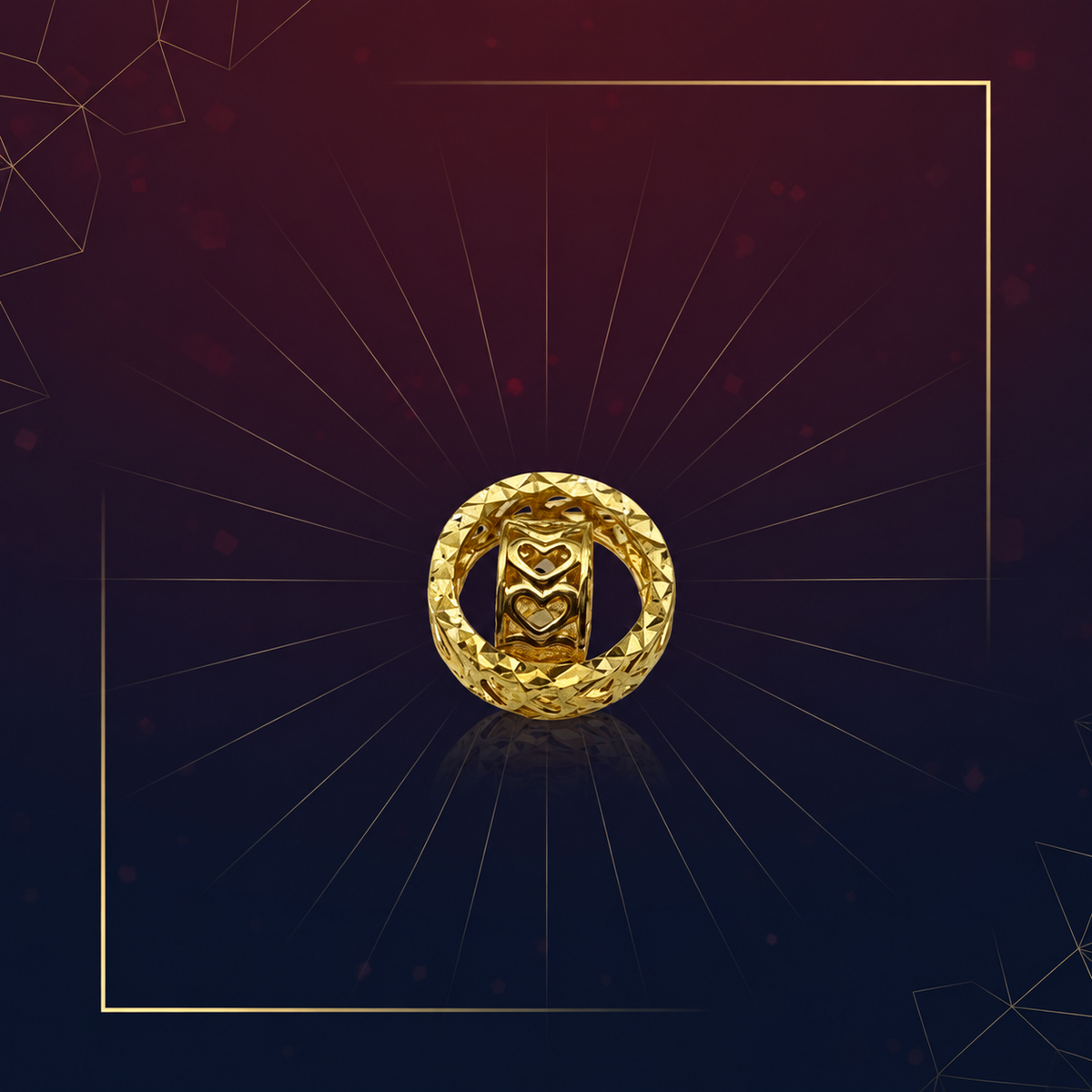 916 gold heart-motif ring pendant with faceted circular rim on a burgundy and navy background