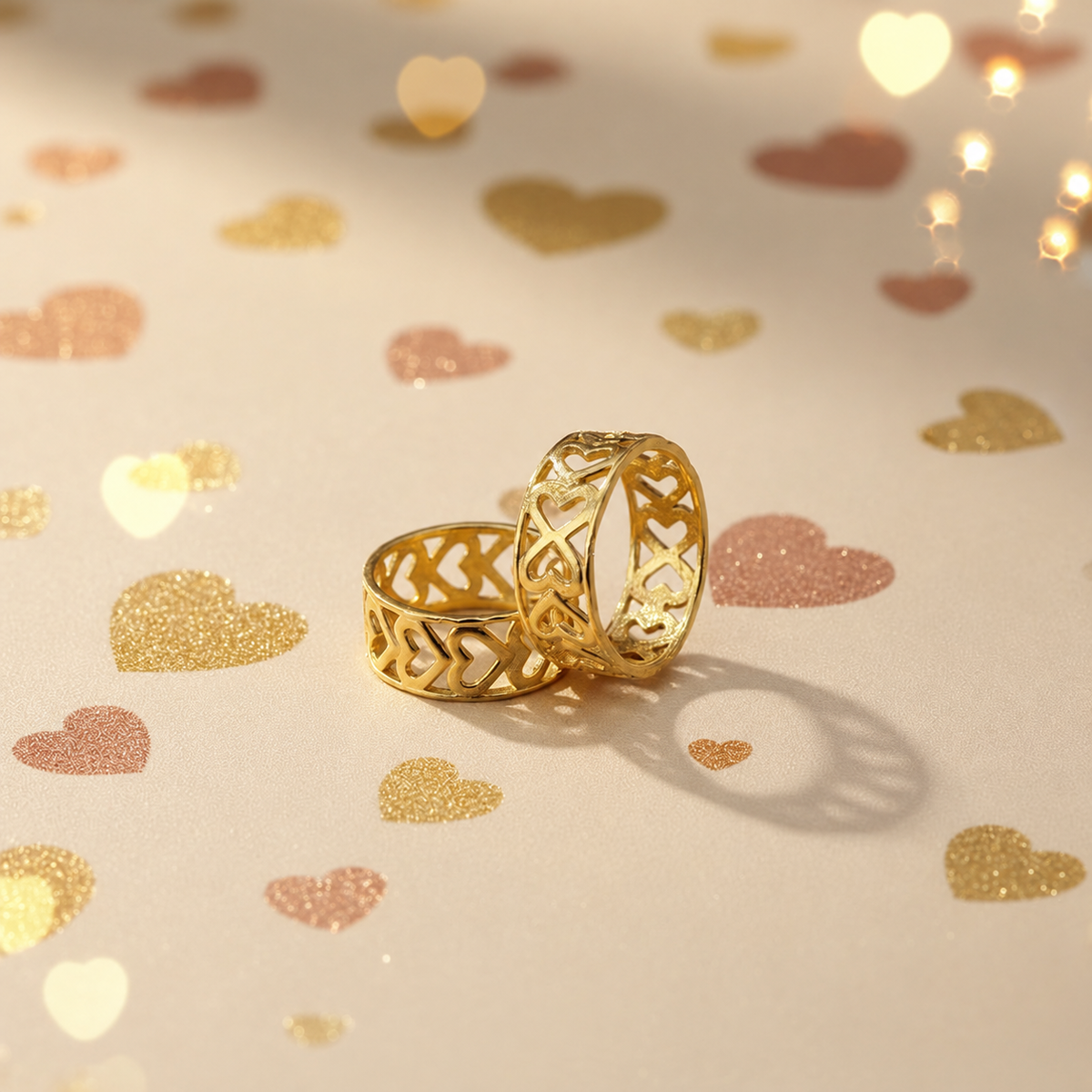 Two gold ring forms with openwork heart motifs shown on a patterned cream surface