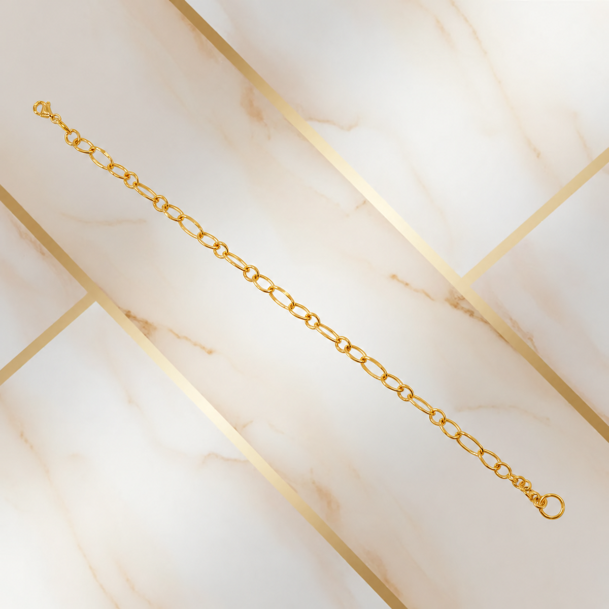 Guild Bullion 916 gold lightweight link bracelet extended diagonally on pale marble