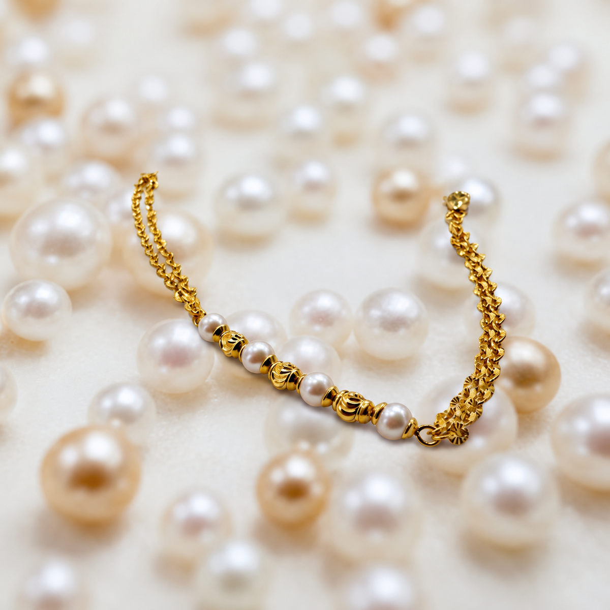 Guild Bullion 916 gold pearl-style bracelet pale bead and gold openwork bead detail against a blurred bead background