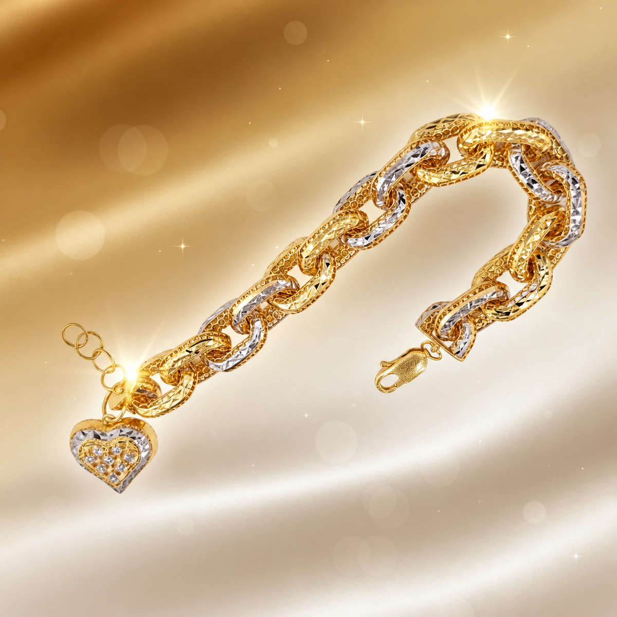 Front view of the 916 gold Regal Link Heart Charm Bracelet with two-tone links on a warm gold background