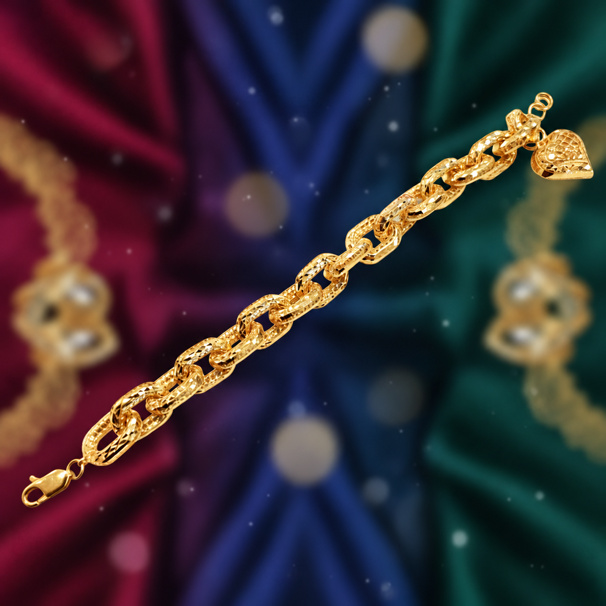Full reverse view of the 916 gold Regal Link Heart Charm Bracelet extended diagonally on a dark background