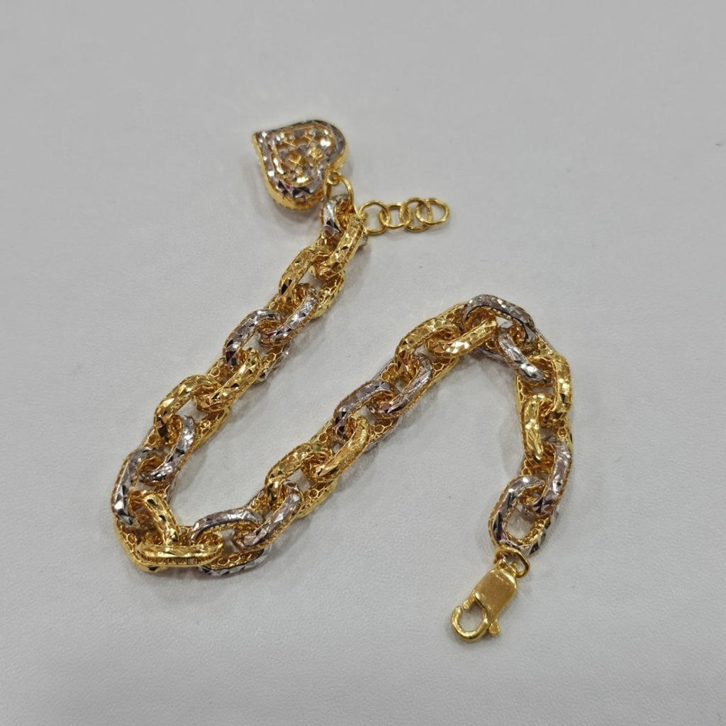 Original curved front view of the 22K gold Regal Link Heart Charm Bracelet with lobster clasp and extension rings