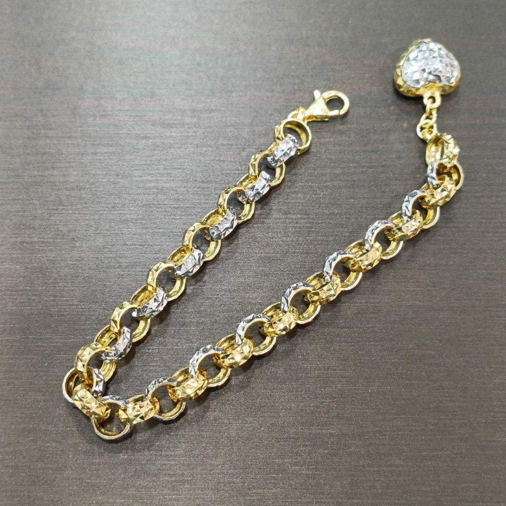 Extended view of 22K gold two-tone Dangling Heart Bracelet V3 with contrasting faceted links and dangling heart charm