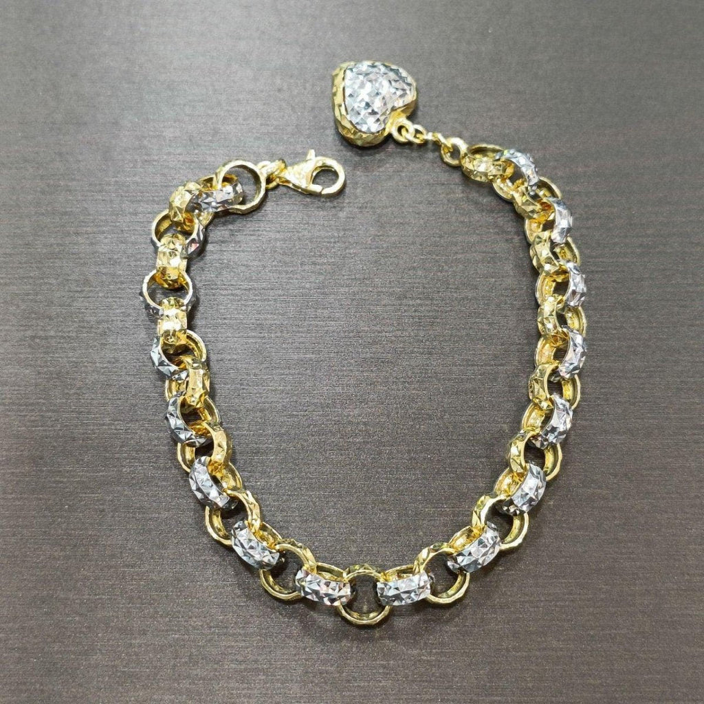 916 gold two-tone Dangling Heart Bracelet V3 arranged in an oval, showing faceted links, heart charm and lobster clasp
