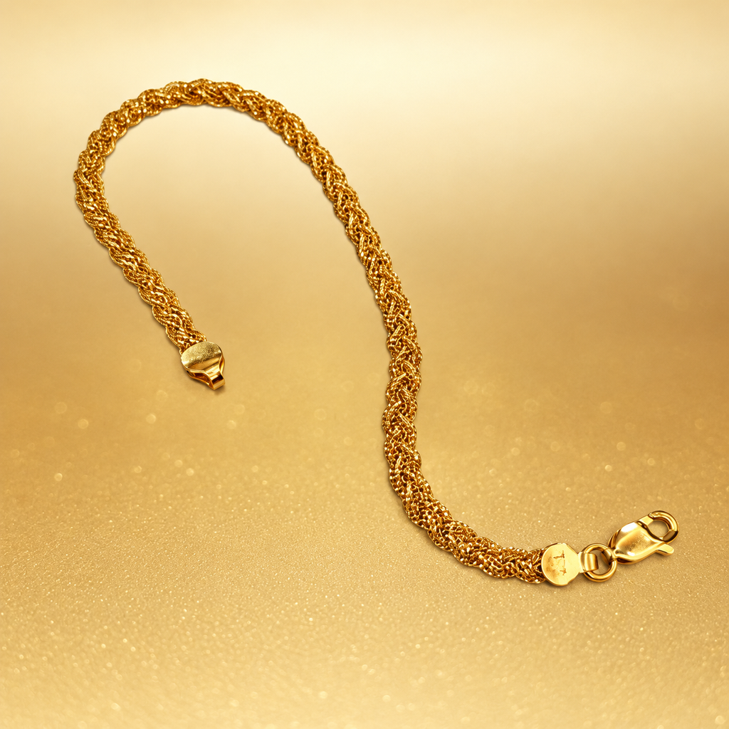 916 gold Wave Braided Bracelet full view on a warm gold background with lobster clasp