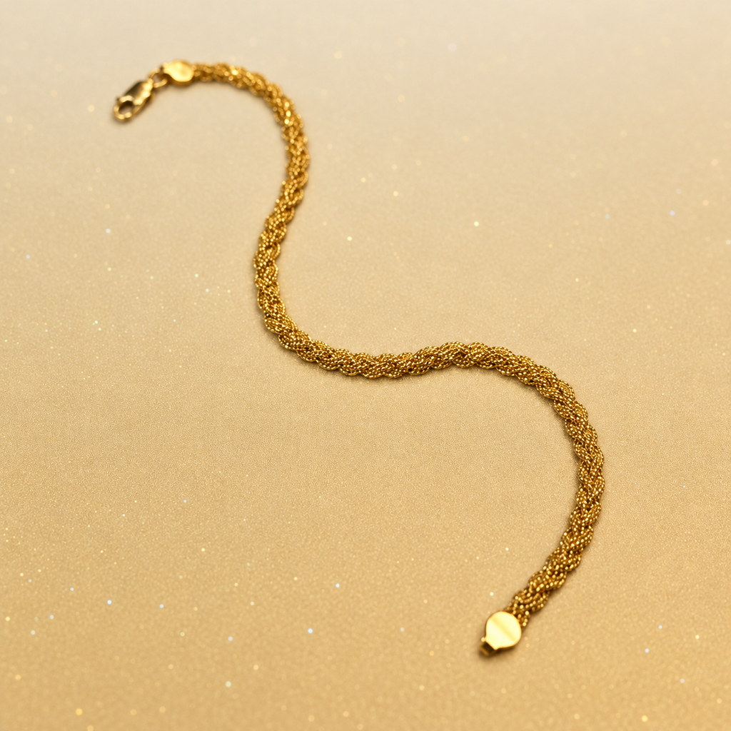 BR21396 916 gold Wave Braided Bracelet in an S shape on a warm gold background with clasp and end cap