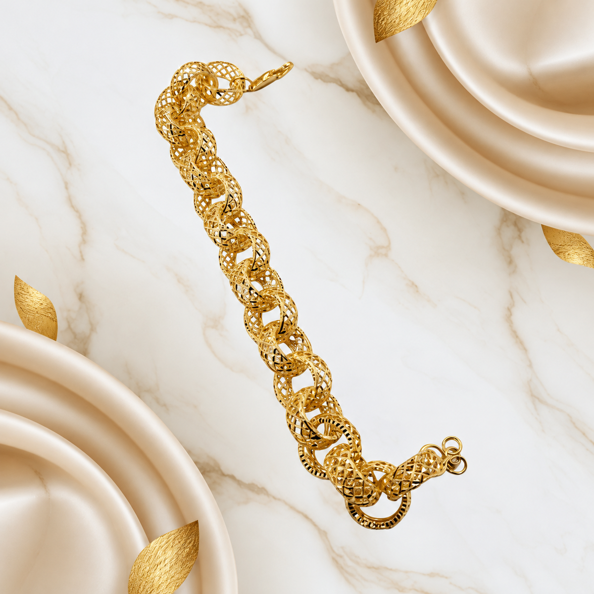 916 gold Wave Ring Bracelet extended on marble beside cream satin with openwork links and adjustment rings
