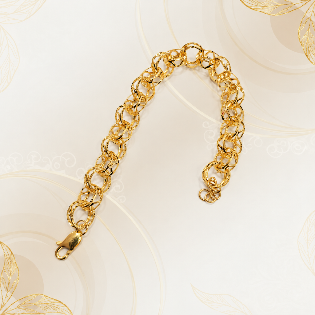 916 gold Wave WW Design Bracelet curved on a cream background with lobster clasp and adjustment rings