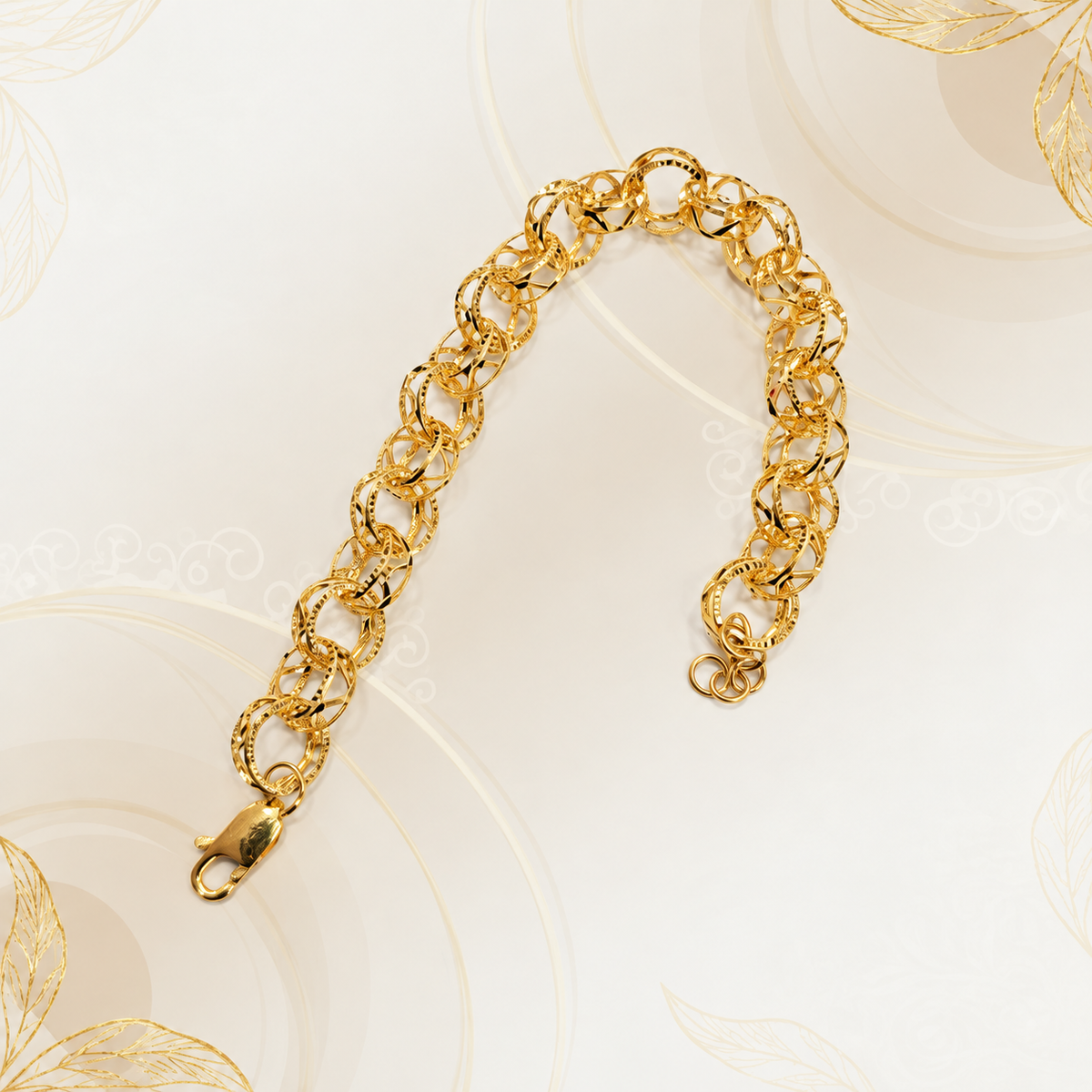 916 gold Wave WW Design Bracelet curved on a cream background with lobster clasp and adjustment rings