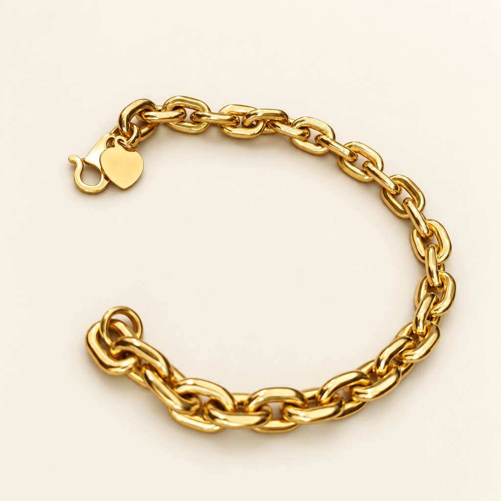 Angled view of 22K / 916 gold Hollow Wanzi Bracelet with polished rounded links