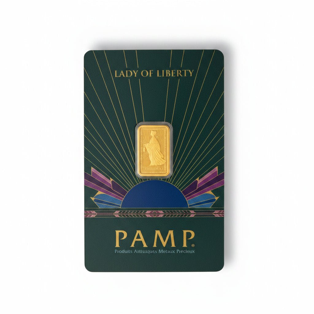 PAMP Suisse 2.5g gold bar displayed in its certified assay card.