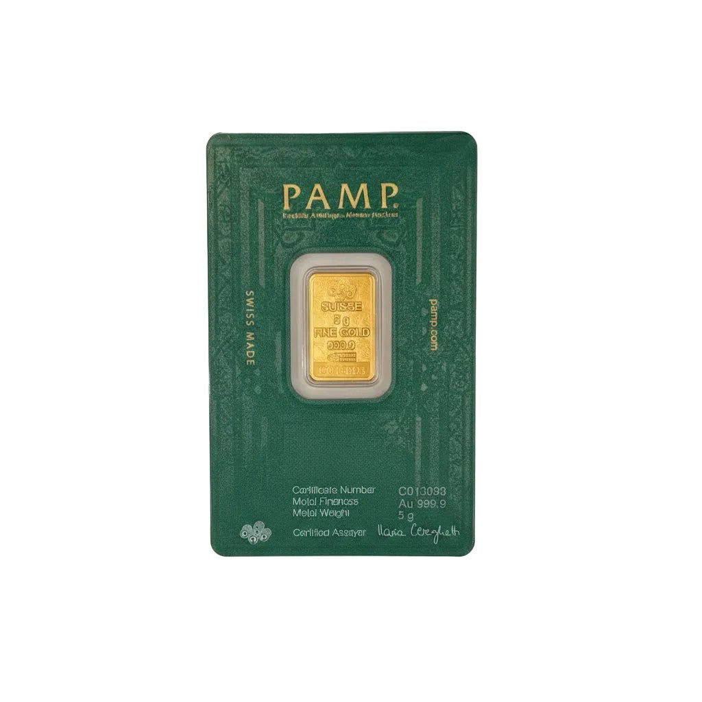 Front view of a 2.5g PAMP Suisse 999.9 fine gold bar.