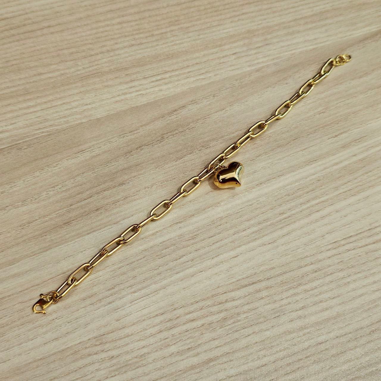 916 Gold Fancy Link Dangling Heart Bracelet V1 Bold and Elegant, Weight 5.36g L18-18.5 cm Width 0.5,