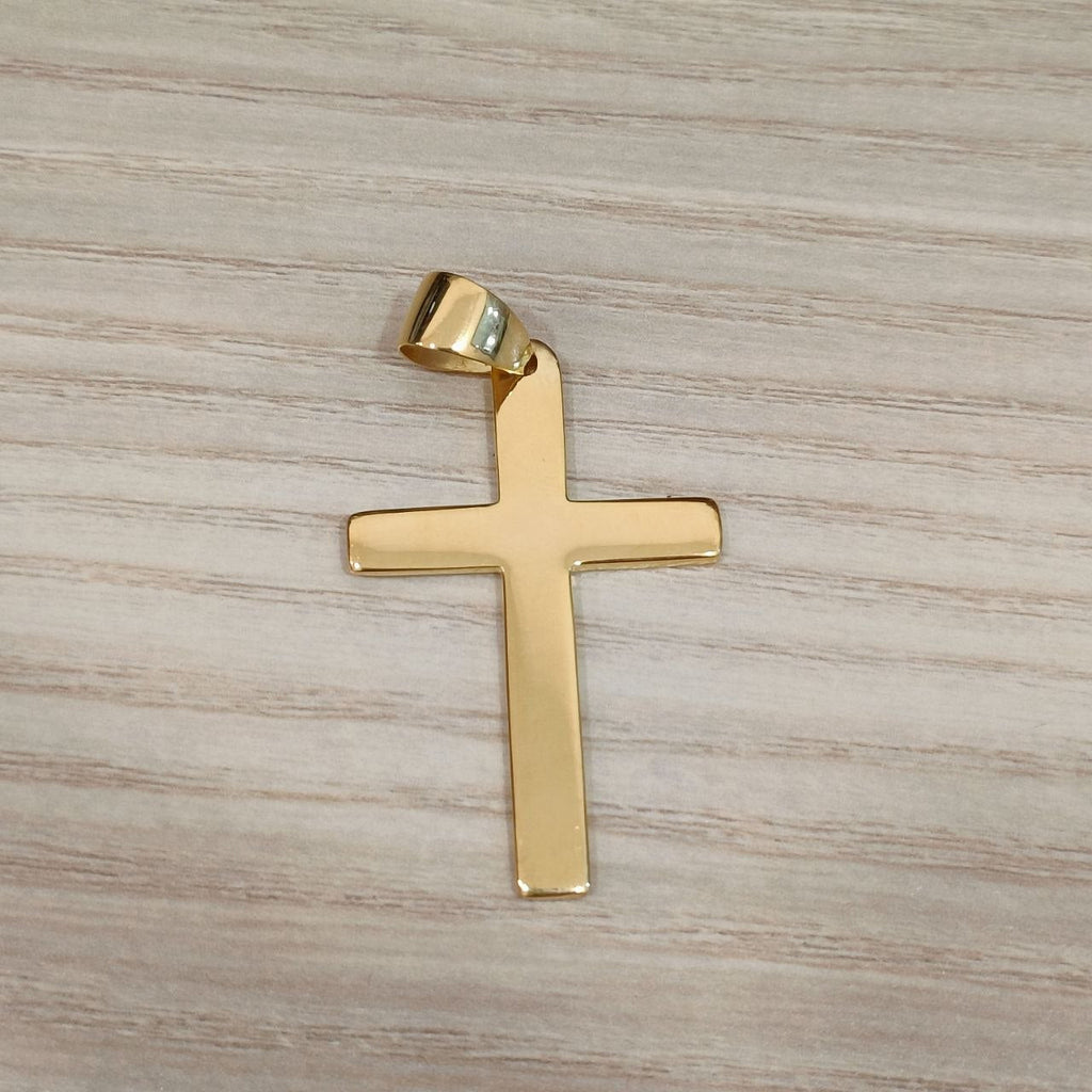 22K gold cross pendant shown upright with its smooth surface and bail