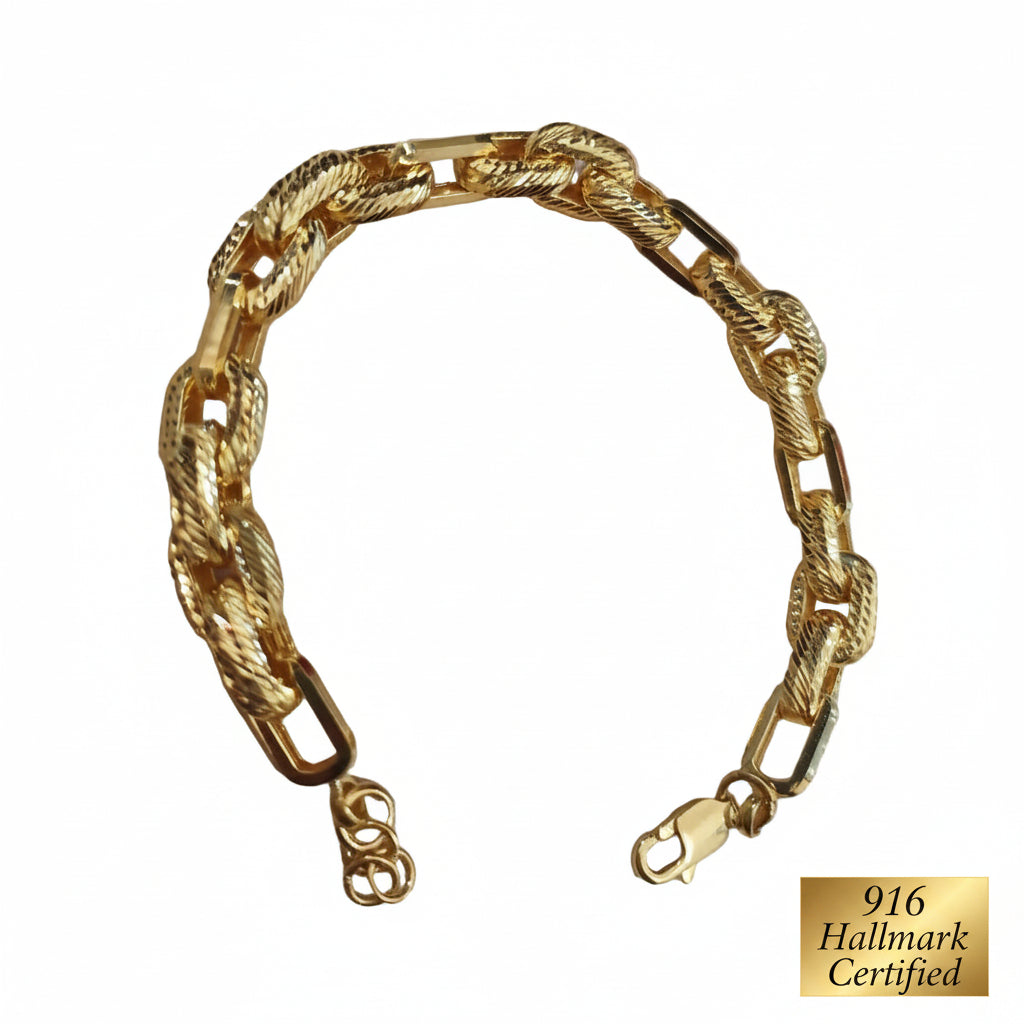 916 Gold Wan Zi Link Bracelet — Textured Hollow Design