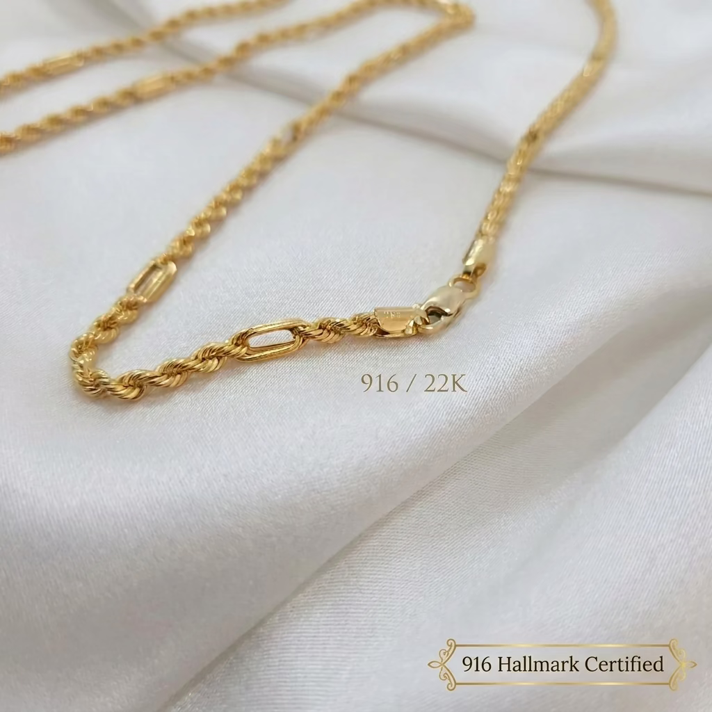 916 Gold Hollow Rope C Chain Necklace | Classic 22K Design