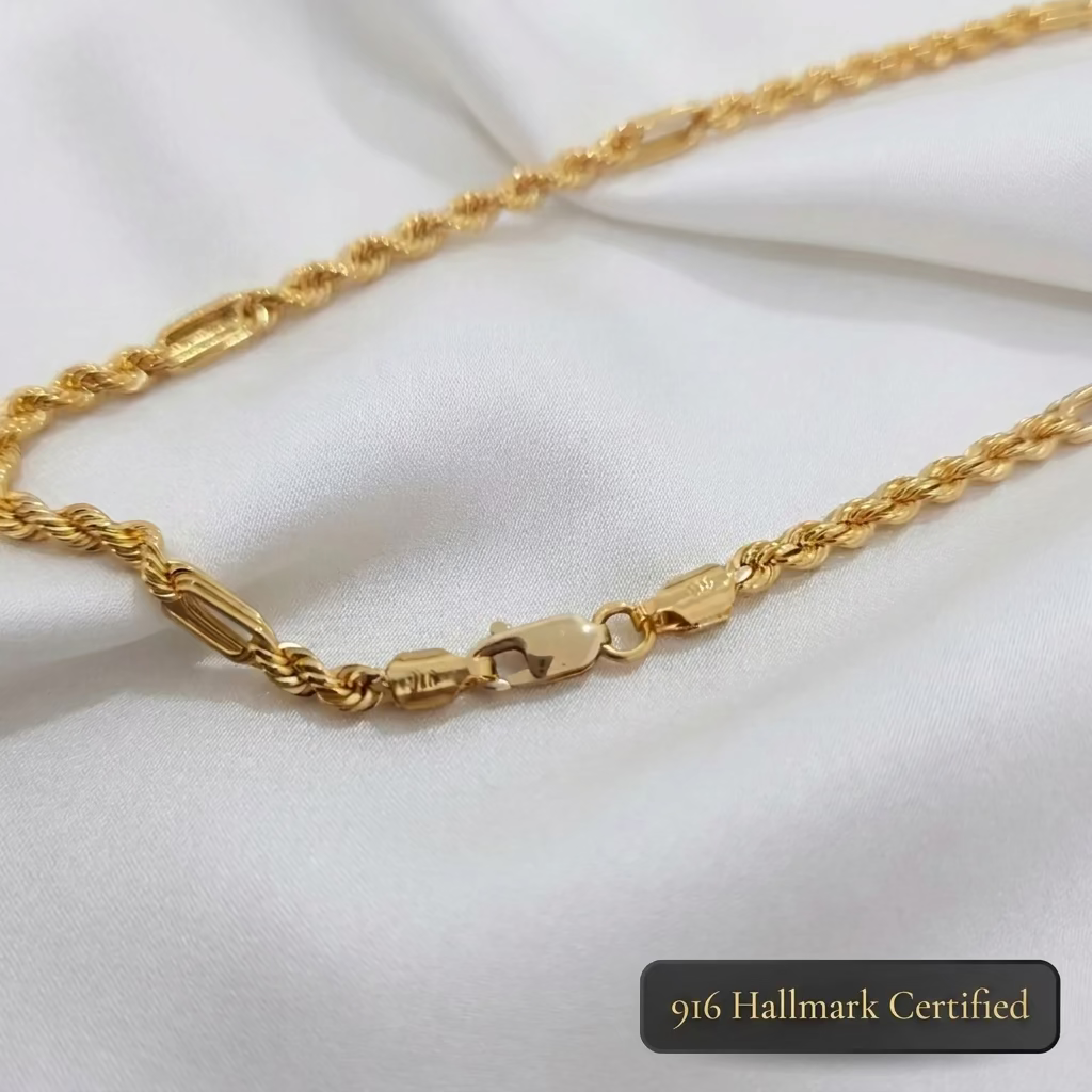 916 Gold Hollow Rope C Chain Necklace | Classic 22K Design