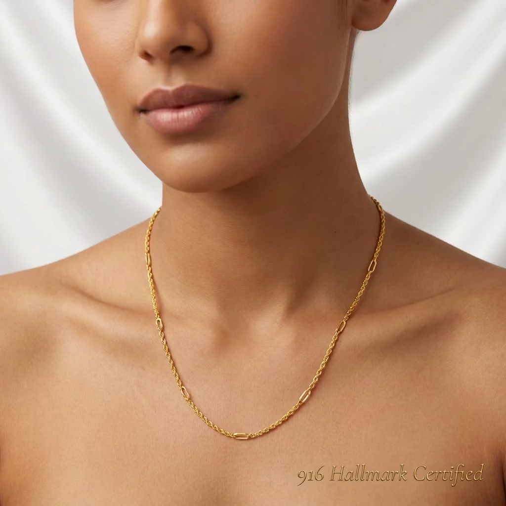 916 Gold Hollow Rope C Chain Necklace | Classic 22K Design