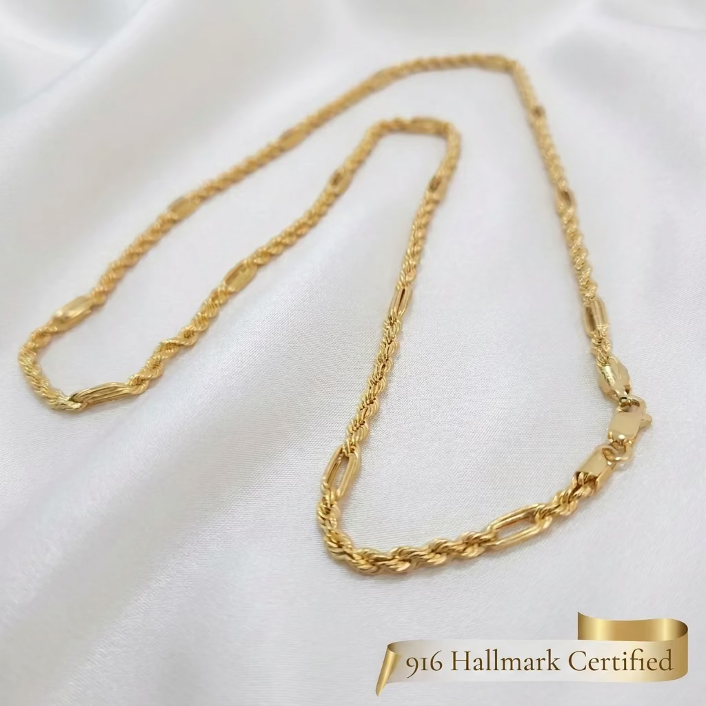 916 Gold Hollow Rope C Chain Necklace | Classic 22K Design