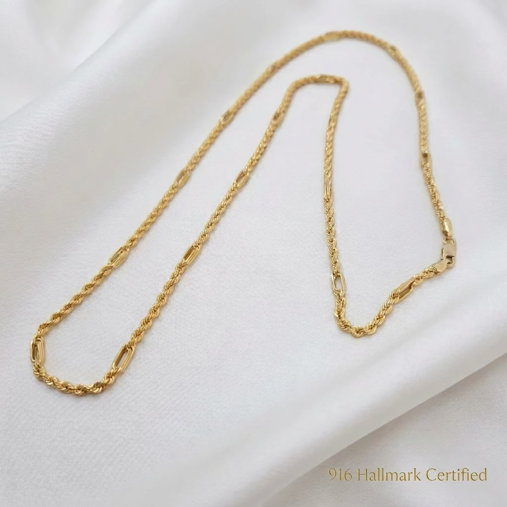 916 Gold Hollow Rope C Chain Necklace | Classic 22K Design