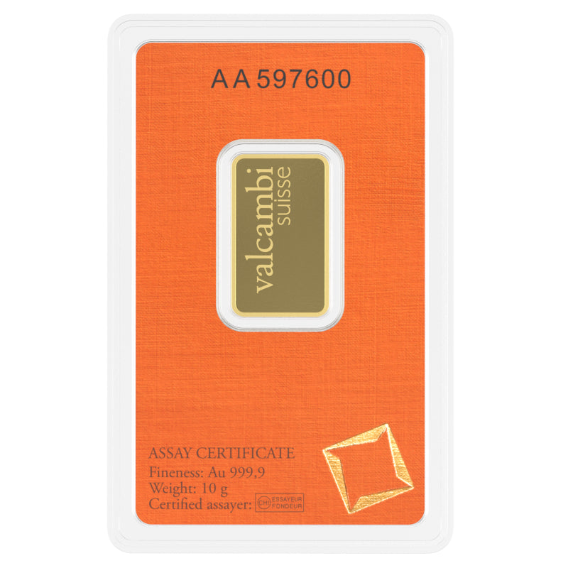 Manufacturer reference back view of a Valcambi 10g 999.9 gold bar in orange assay packaging; pictured serial number is illustrative.